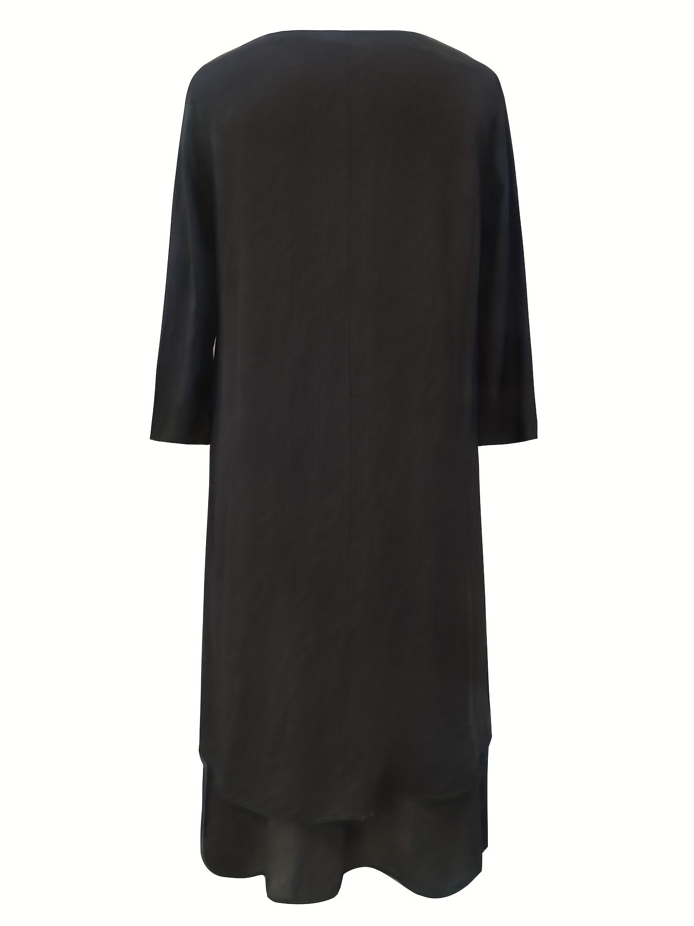 Chic Plus Size Maxi Dress - Casual V-Neck Tunic with Button Details, Long Sleeves, Asymmetry, and Easy-Care Stretch Fabric