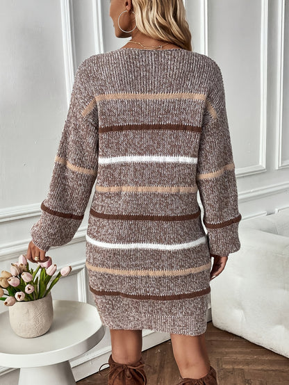 Striped Pattern Drop Shoulder Knitted Dress, Stylish Crew Neck Long Sleeve Above Knee Sweater Dress For Fall, Women's Clothing