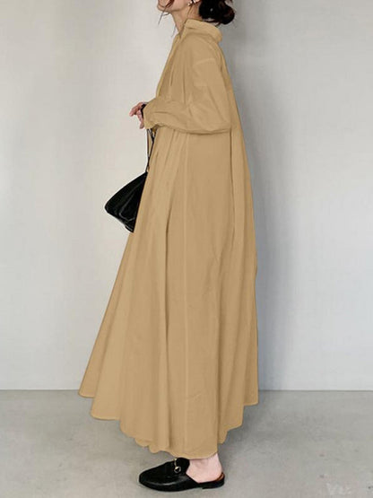 Long Sleeves Loose Solid Color Lapel Maxi Dresses Shirt Dress