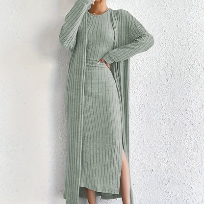 Solid Ribbed Knitted Dress Set, Elegant Open Front Long Sleeve Drop Shoulder Cardigan & Crew Neck Split Tank Dress Outfits, Women's Clothing