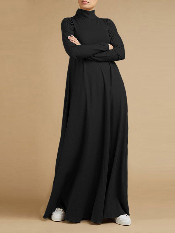 Casual Loose 4 Colors High-Neck Long Sleeves Maxi Dress