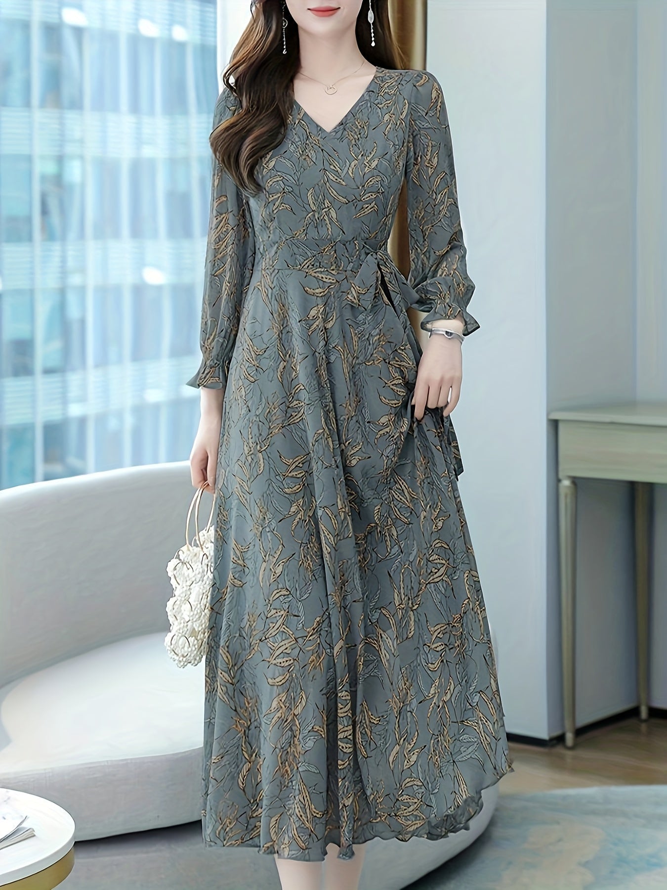 Floral Pattern Midi Dress, Vintage V Neck Long Sleeve Dress, Women's Clothing