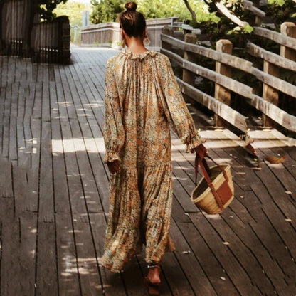 vmtvr - Floral Bohemian V Neck Long Sleeve Maxi Dress