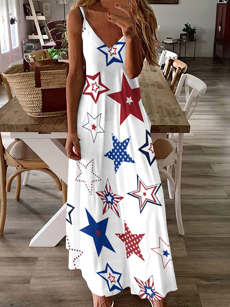 vmtvr - American Flag Star Print Slip Women Maxi Dress