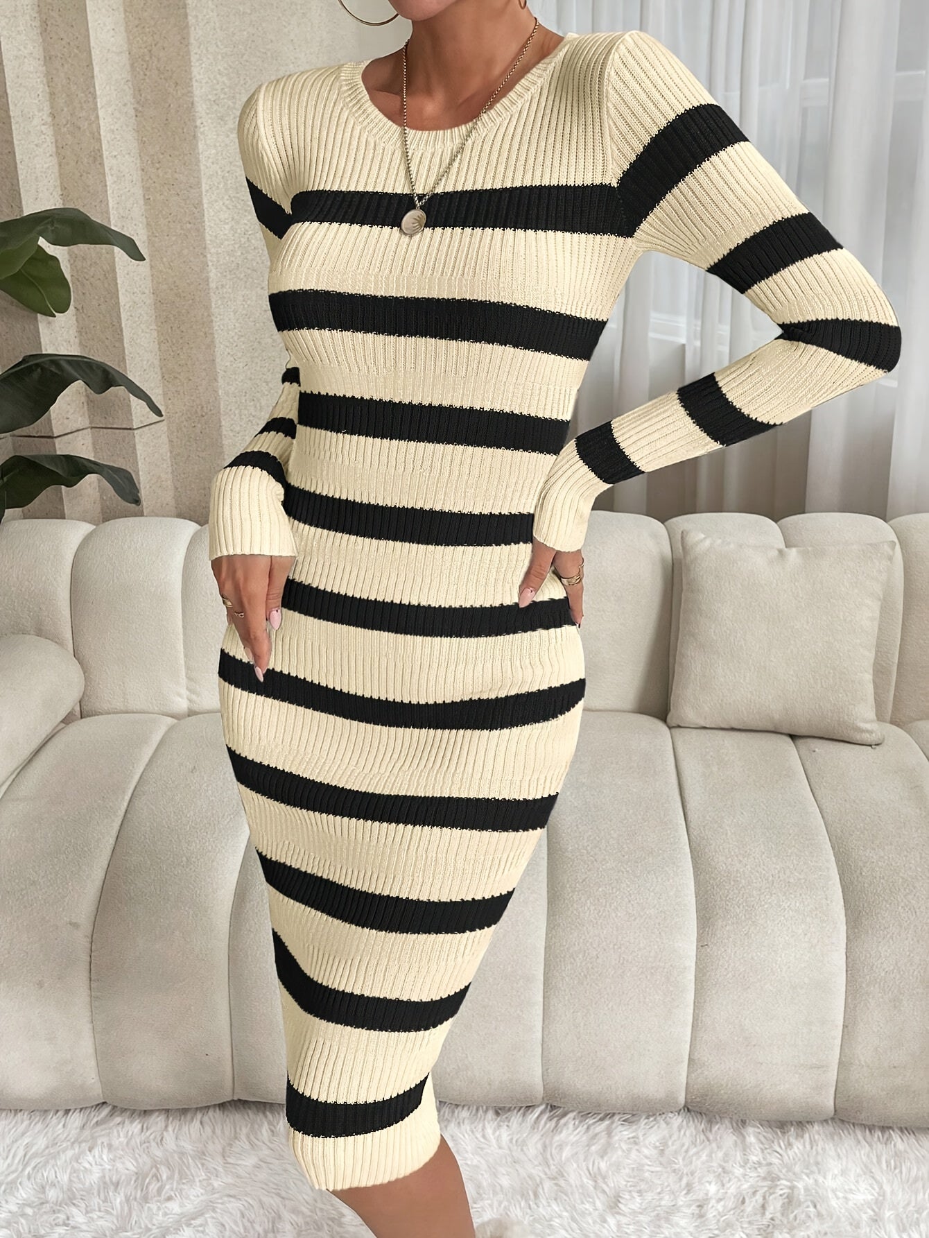 Knit Striped Bodycon Dress, Elegant Crew Neck Long Sleeve Dress For Spring & Fall, Women's Clothing