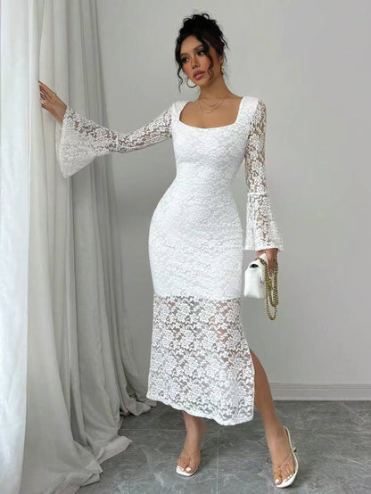 vmtvr - Guest Wedding Dress Woman Bodycon Shiny Square Collar Long Sleeves Lace Patchwork Birthday African Party Event Occasion Gown New