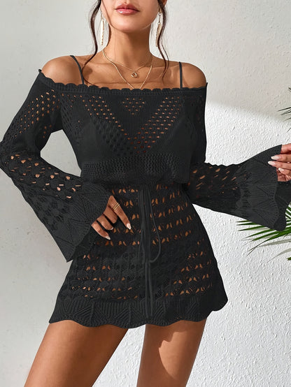 Women's Sexy Off-Shoulder Drawstring Waist Hollow Out Cover Up Dress - Beachwear, Knitted, Long Sleeve (Bikini Set Not Included)