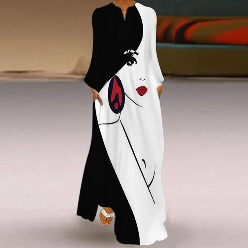 vmtvr - Vintage Abstract Face Printed Long Party Dress Women Robe V-neck Long Sleeve A-Line Dress