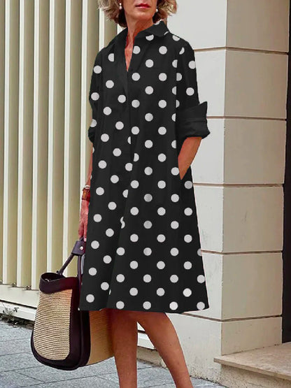 vmtvr - Vintage Long Sleeves Polka Dot Lapel Midi Dresses