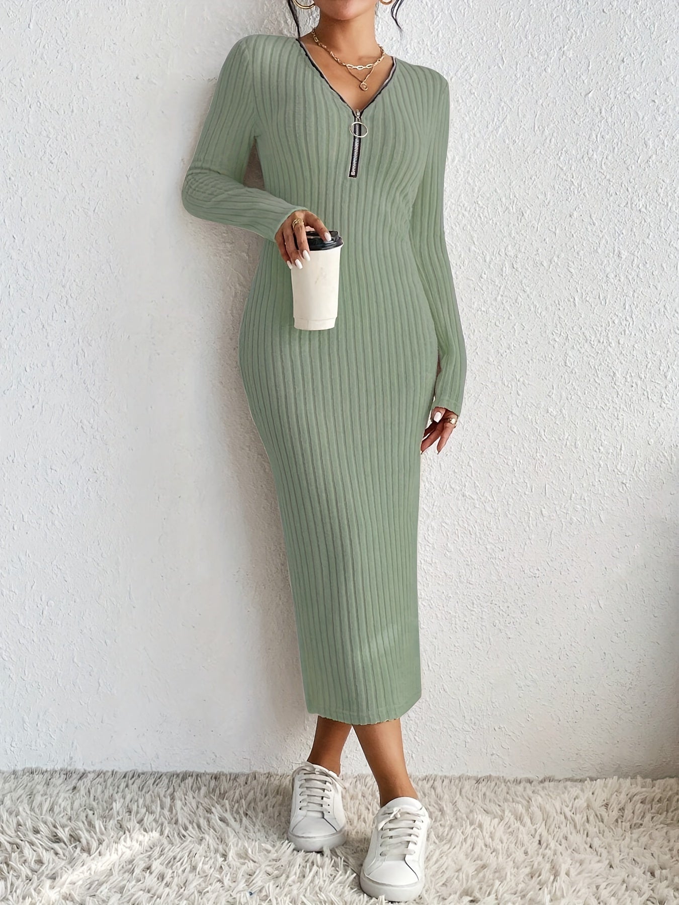 Elegant Spring/Fall V-Neck Pencil Dress - Comfortable Mid-Elastic Knit, Chic Zip-Up, Durable & Easy-Care