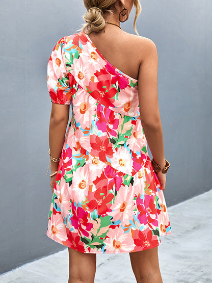 vmtvr - A-Line Bishop Sleeve Flower Print Split-Joint One-Shoulder Mini Dresses