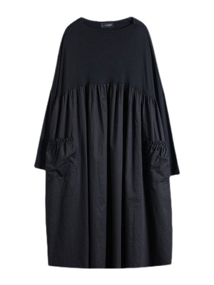 Simple Loose Black Split-Joint Long Sleeves Midi Dress