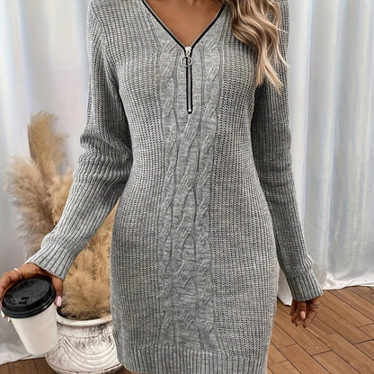 Cable Knitted Zip Up Sweater Dress, Elegant Long Sleeve Slim Fit Dress For Fall & Winter, Women's Clothing