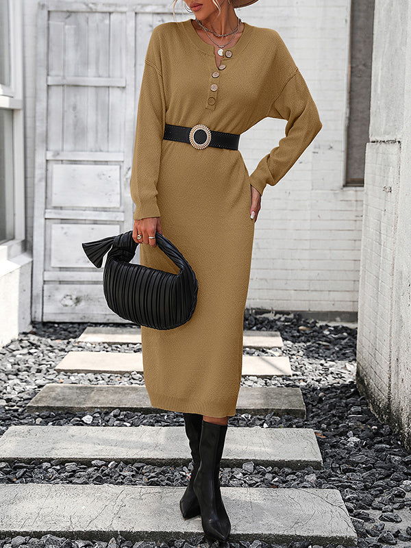 vmtvr - Long Sleeves Loose Buttoned Split-Joint Round-Neck Midi Dresses Sweater Dresses