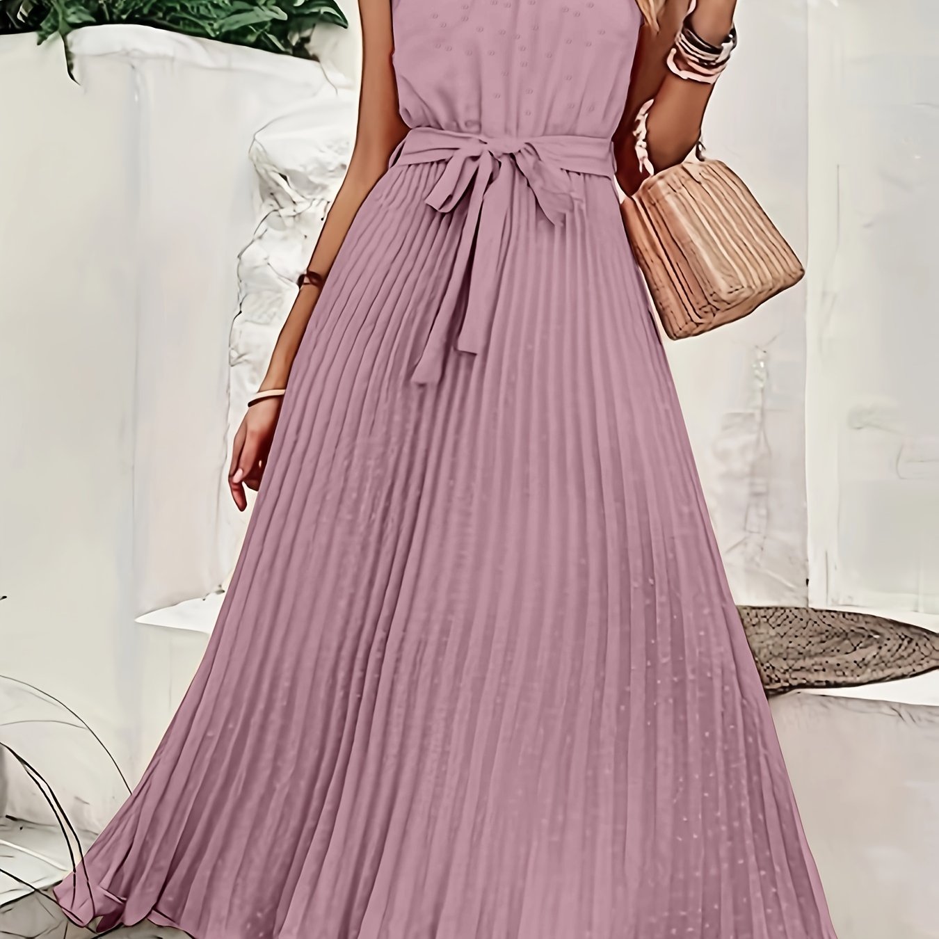 Solid Pleated Dress, Elegant Sleeveless Knotted Maxi Dress, Women's Clothing