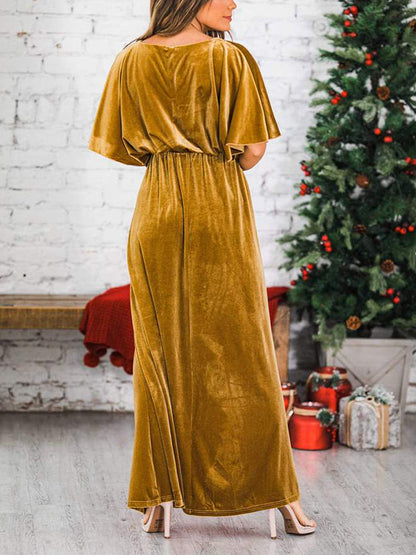 vmtvr - Fashion Velvet Round Neck High Slit Maxi Dresses