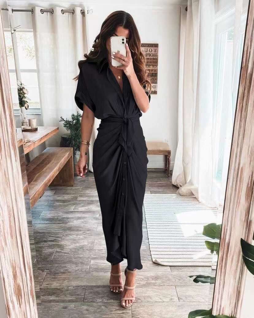 vmtvr - Commuter Tie Lapel Fashion Forged Long Shirt Maxi Dresses