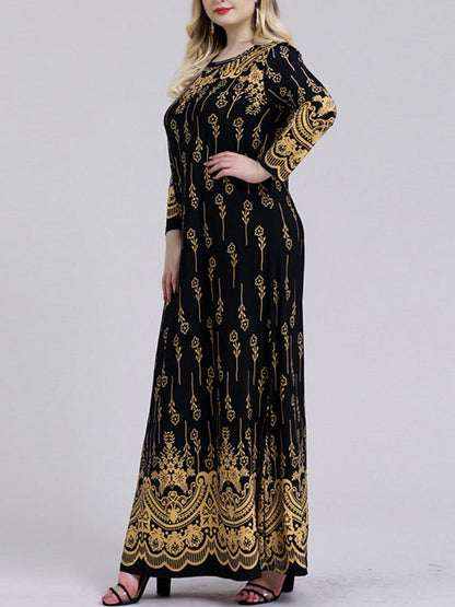 vmtvr - Long Sleeves Plus Size Printed Split-Joint Round-Neck Maxi Dresses