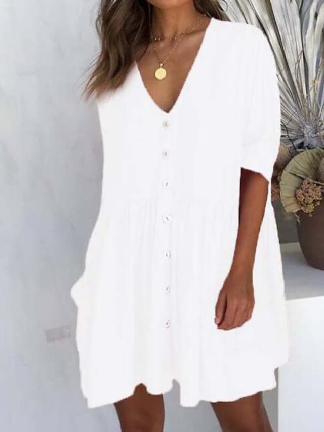 Women's Casual Dress Linen Dress Tiered Dress Mini Dress Black White Pink Short Sleeve Pure Color Ruched Winter Fall Spring V Neck Basic Daily Vacation Loose Fit S M L XL XXL 3XL