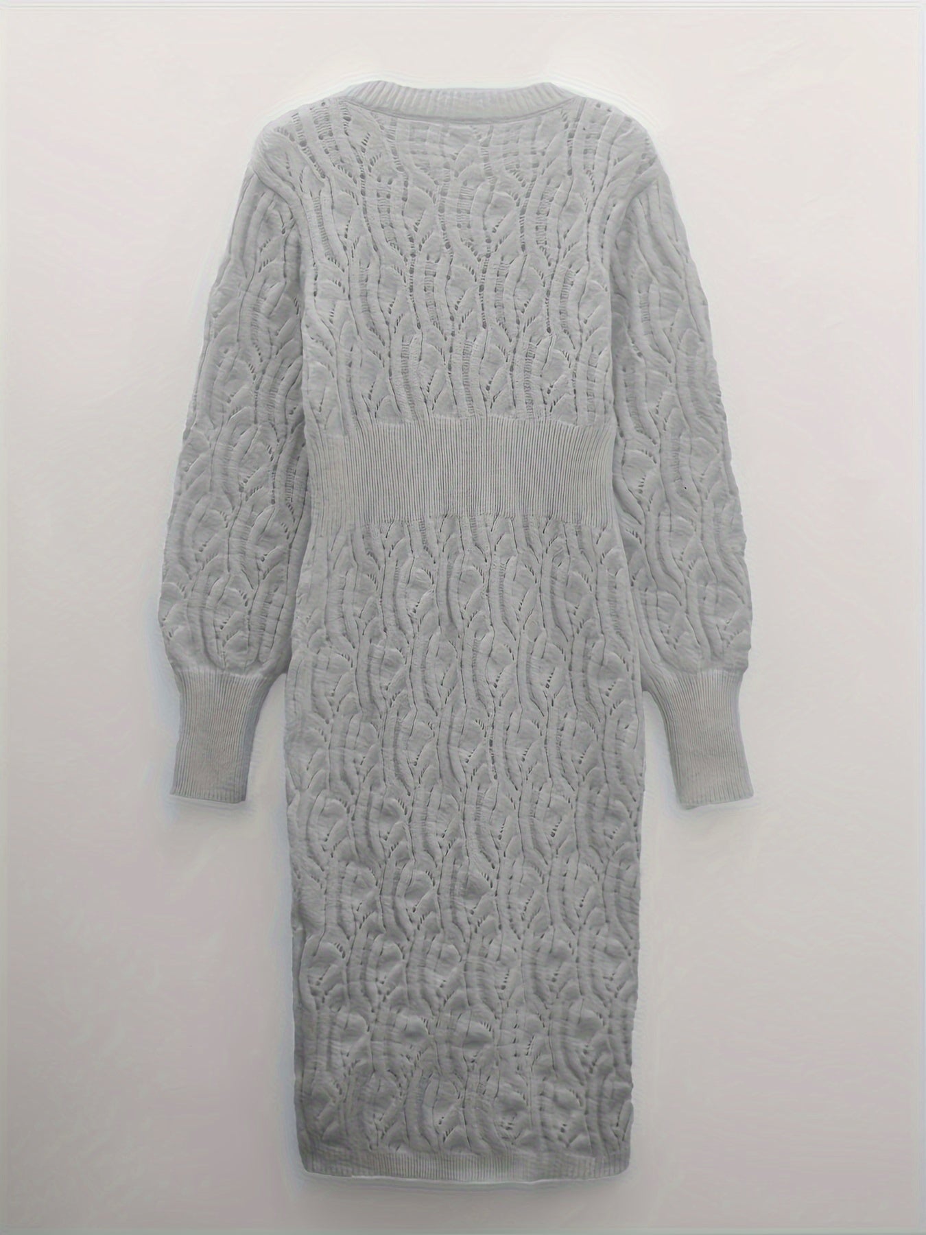 Solid Eyelet Sweater Dress, Elegant V Neck Long Sleeve Midi Dress, Women's Clothing