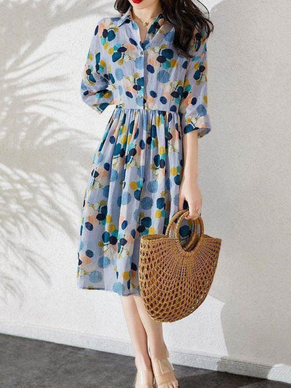 vmtvr - Original Polka-Dot Lapel Short Sleeves A-Line Midi Dress