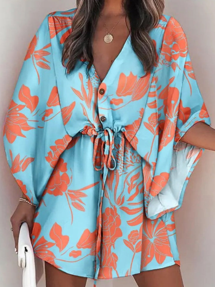 vmtvr - Original Loose Floral Printed Contrast Color Tied Mini Shirt Dress