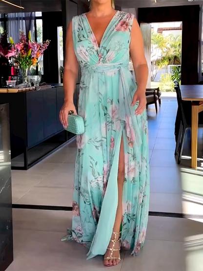 vmtvr - Sleeveless Floral Printed Split-Side V-Neck Maxi Dresses