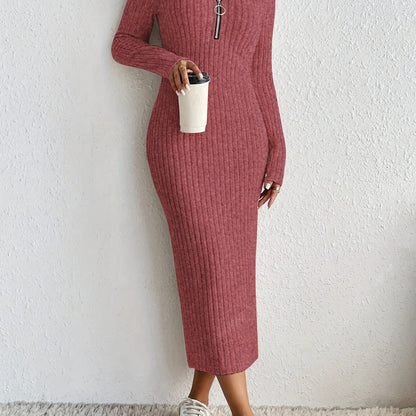 Elegant Spring/Fall V-Neck Pencil Dress - Comfortable Mid-Elastic Knit, Chic Zip-Up, Durable & Easy-Care