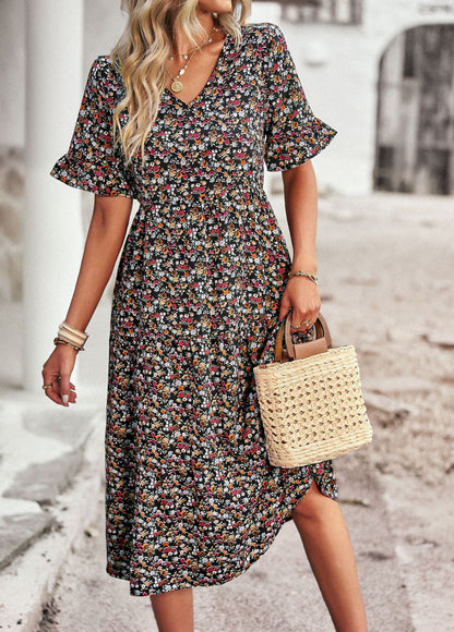 Black Short Sleeve Casual Weaving Dress Flower dress