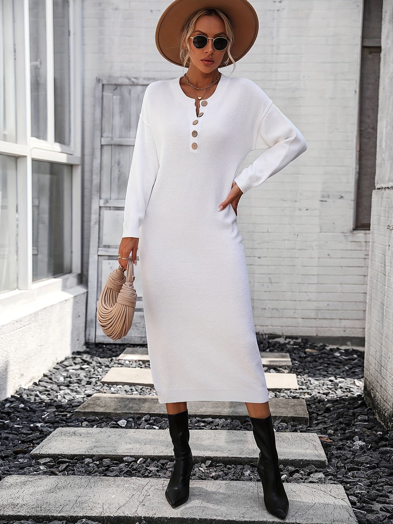 Button Front Midi Knit Dress, Elegant Long Sleeve Solid Color Dress For Spring & Fall, Women's Clothing