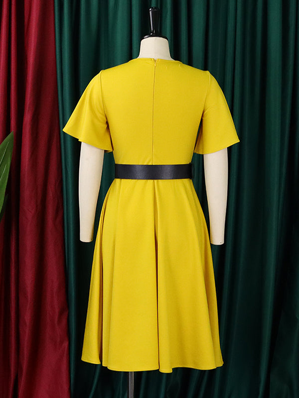 vmtvr - Irregular Clipping Plus Size Belted Solid Color Round-Neck Midi Dresses