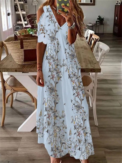 vmtvr - Boho Floral Lace Hollow Shoulder Maxi Dress