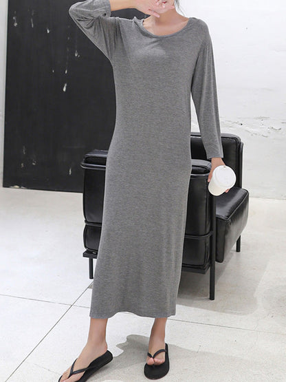 vmtvr - Simple Modal Solid Color Round-Neck Long Sleeves Midi Dress