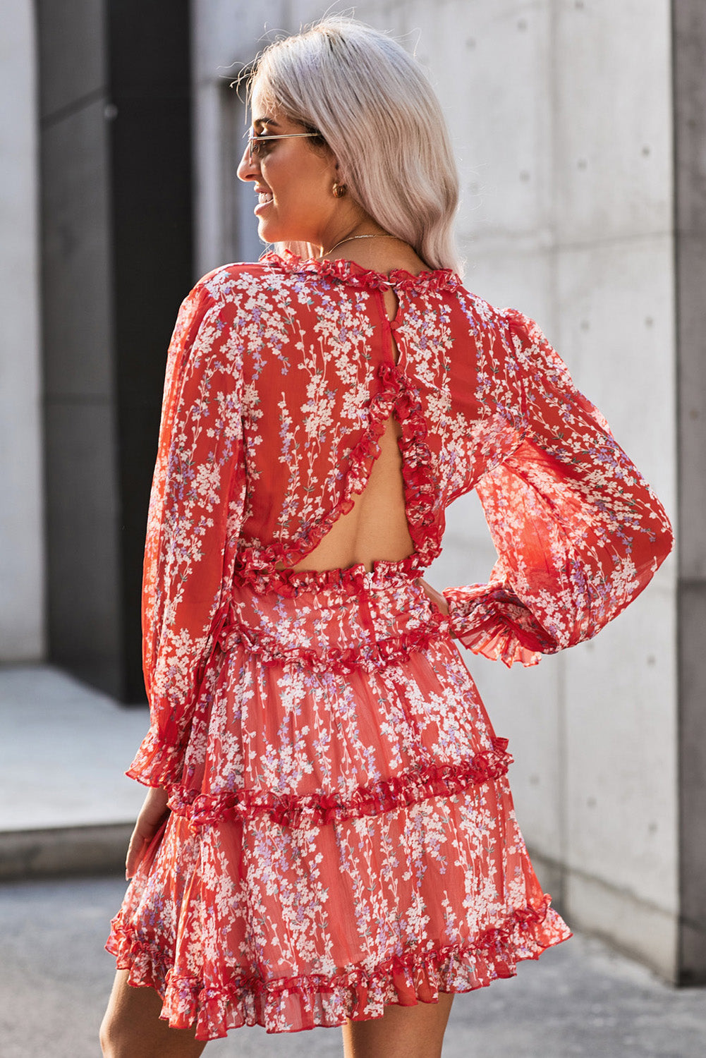 Classy Floral Frill Trim Plunge Flounce Sleeve Mini Dress