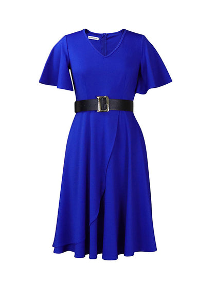 vmtvr - Irregular Clipping Plus Size Belted Solid Color Round-Neck Midi Dresses