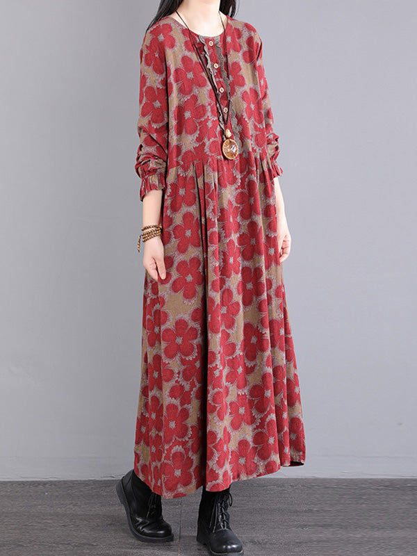 vmtvr - Casual Long Sleeves Loose Floral Printed Round-Neck Midi Dresses