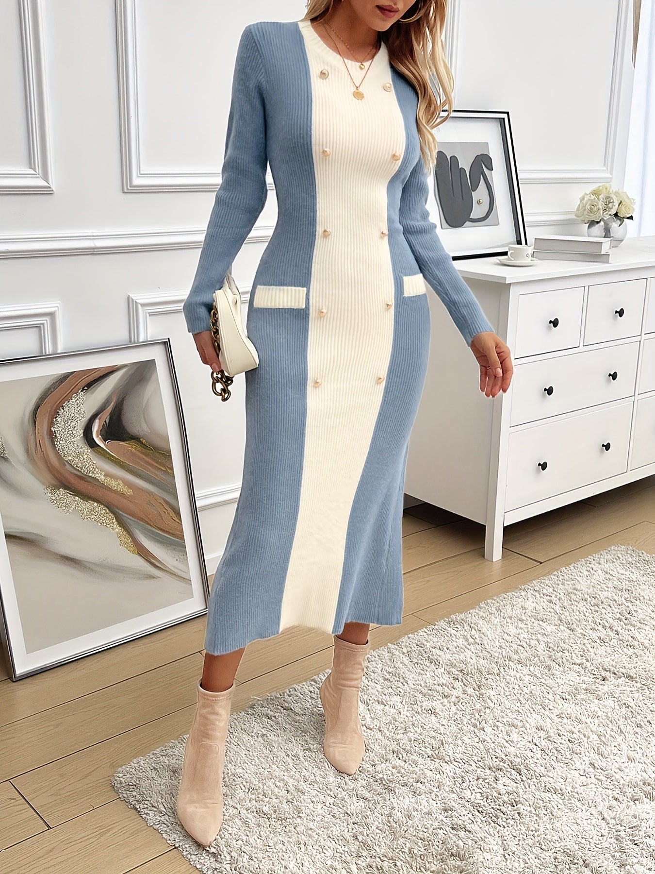 Stylish Color Block Double Breasted Knitted Dress - Featuring Long Sleeves, Classic Crew Neck, Bodycon Silhouette, and Soft Fabric - Perfect for Spring and Fall, Womens Exclusive Clothing