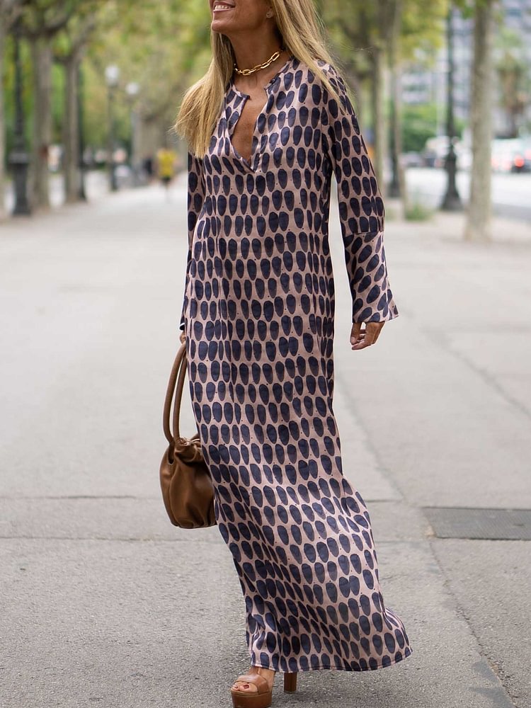 vmtvr - Women Casual Loose Printed Deep V-Neck Maxi Dresses