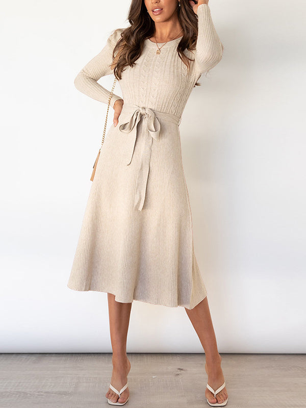 vmtvr - High Waisted Long Sleeves Solid Color Tied Waist Round-Neck Midi Dresses Sweater Dresses