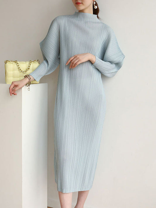 vmtvr - Original Creation Loose Long Sleeves Pleated Solid Color High-Neck Midi Dresses