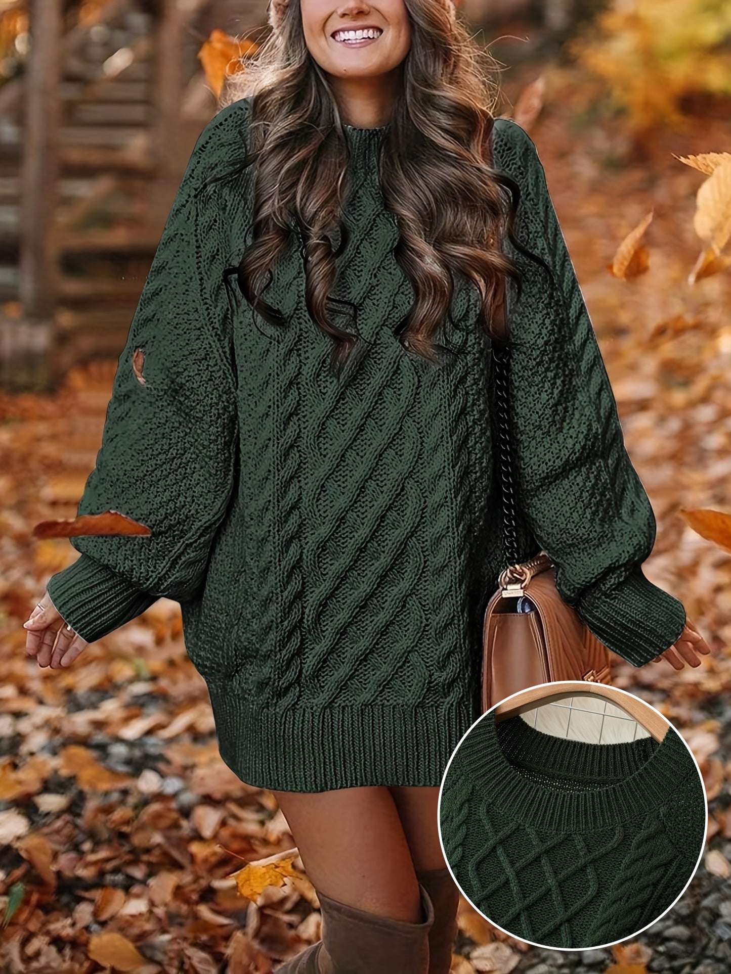 Cozy All-Season Cable Knit Sweater Dress - Comfort-Fit, Easy-Care, Casual Women's Fashion