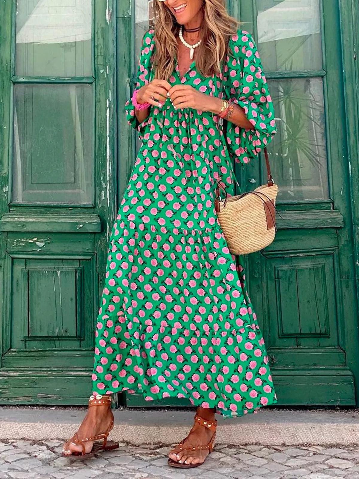 vmtvr - Hot Green Printed Vacation Loose Maxi Dresses