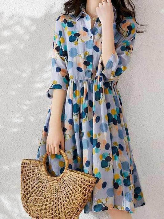 vmtvr - Original Polka-Dot Lapel Short Sleeves A-Line Midi Dress