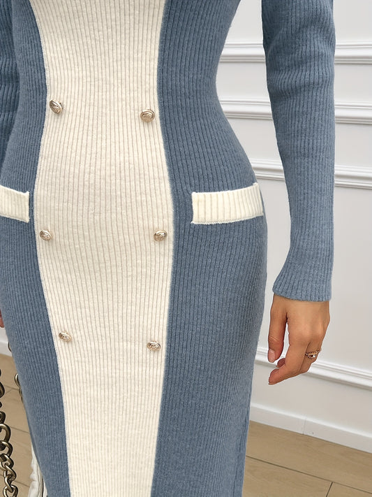 Stylish Color Block Double Breasted Knitted Dress - Featuring Long Sleeves, Classic Crew Neck, Bodycon Silhouette, and Soft Fabric - Perfect for Spring and Fall, Womens Exclusive Clothing