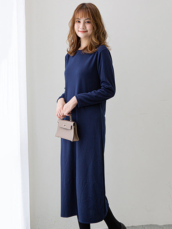 vmtvr - Simple Solid Color Round-Neck A-Line Midi Dress