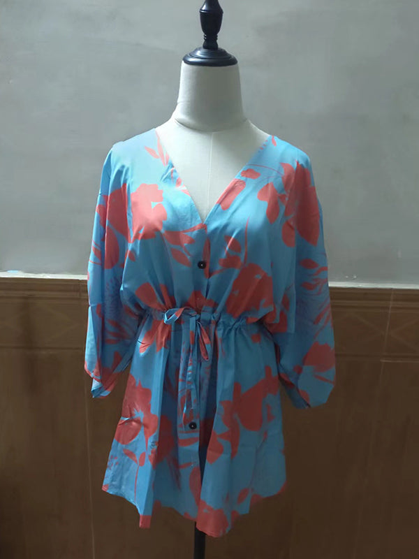 vmtvr - Original Loose Floral Printed Contrast Color Tied Mini Shirt Dress