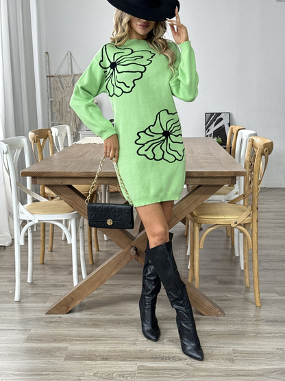 Floral Print Long Sleeve Knit Dress, Elegant Crew Neck Slim Dress For Spring & Fall, Women's Clothing