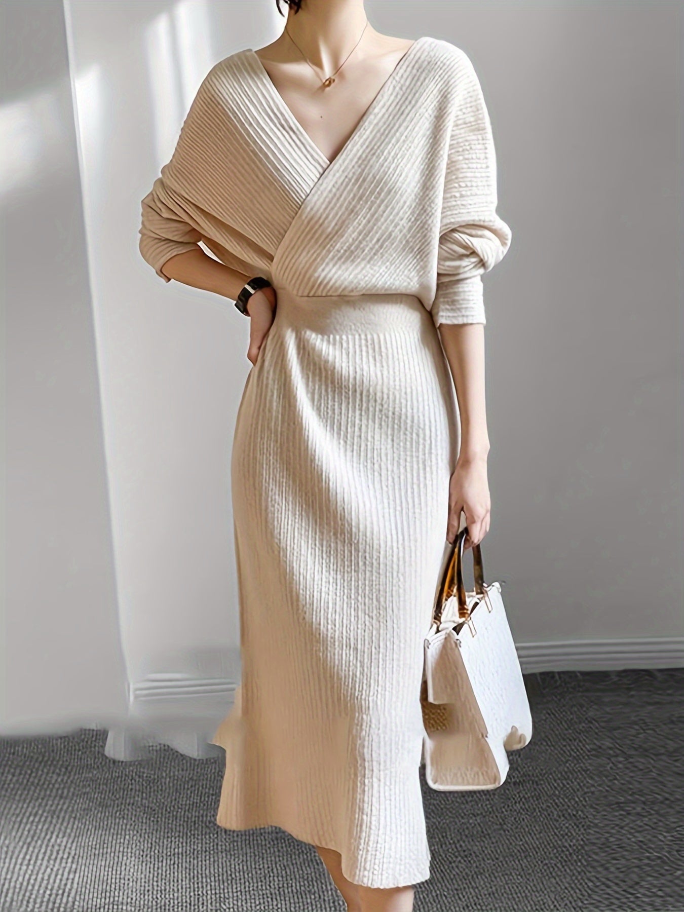 Solid Color Cross V-neck Dress, Elegant Long Sleeve Knitted Dress For Spring & Fall, Women's Clothing