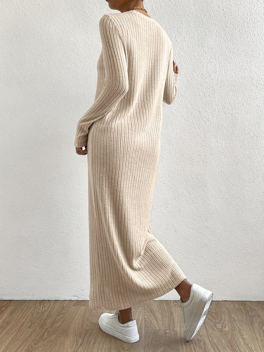 Fall Elegance: Chic Rib-Knit Maxi Dress for Women - Comfortable, Crew Neck, Long Sleeve, Easy-Care Fabric