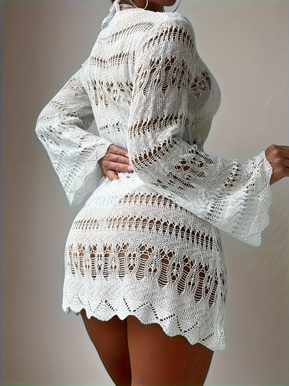 Crochet Cover Up Knitted Dress, Casual Beach Wear Long Sleeve Mini Dress, Women's Clothing